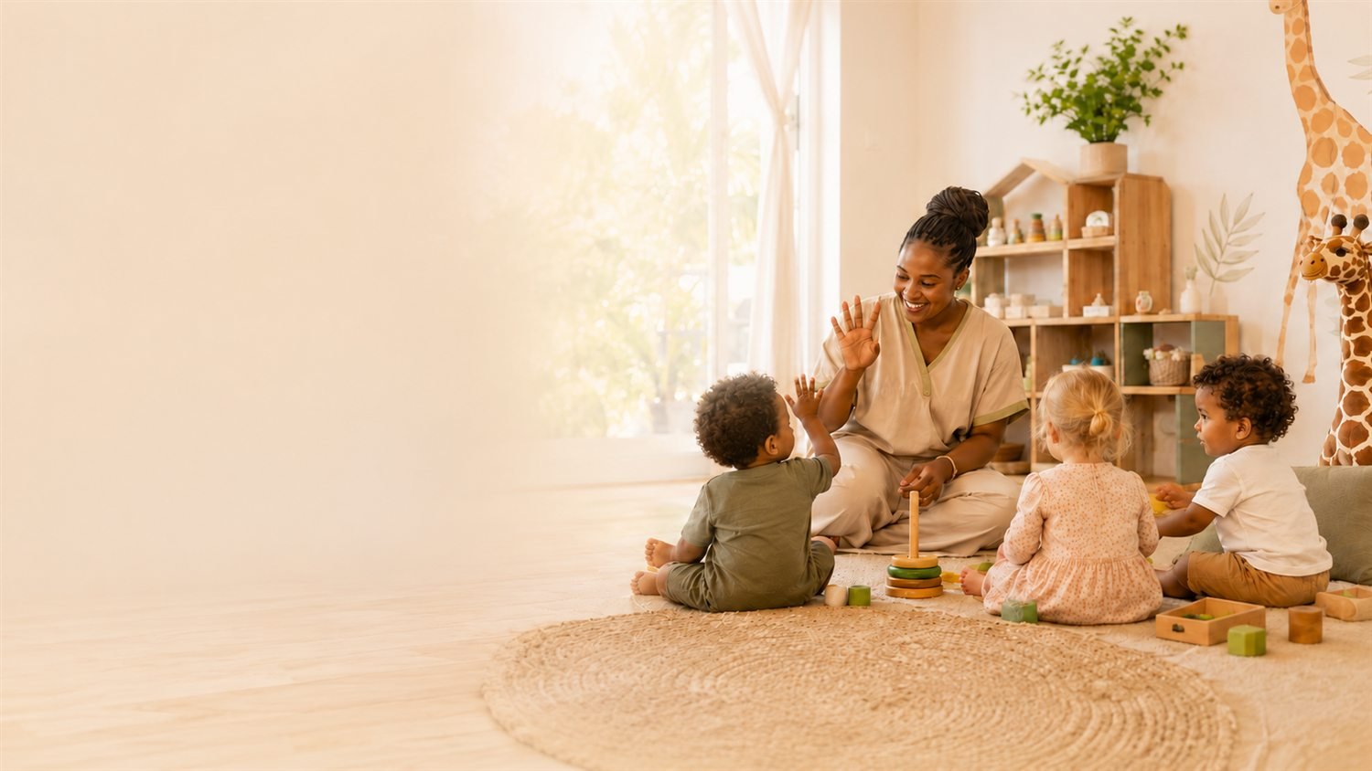 Accueil doux d'enfants en crèche avec une professionnelle de la petite enfance