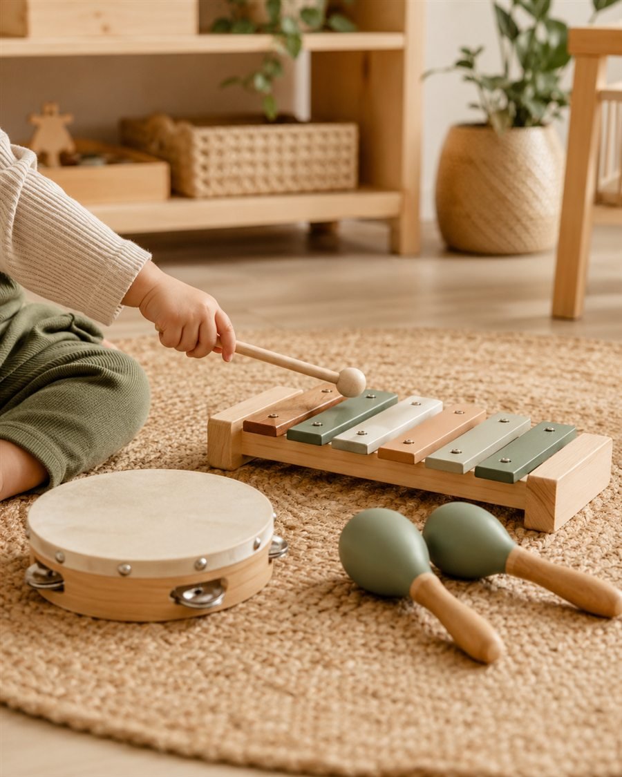 Activité musicale d'éveil avec xylophone, tambourin et maracas pour jeune enfant