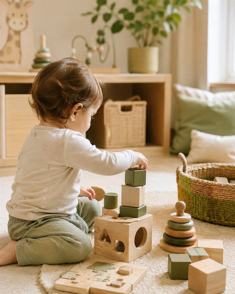 Jeune enfant construisant avec des cubes en bois lors d'un temps d'éveil à la crèche